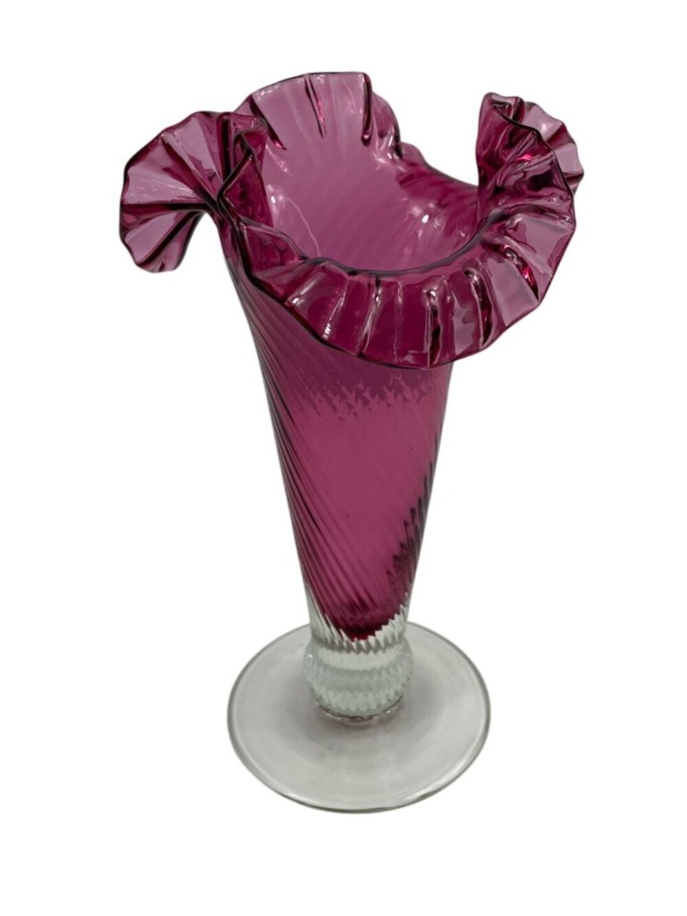 Italian Glass Cranberry Double Crimped Ruffled Swirl Vase Clear Base Optic 9"